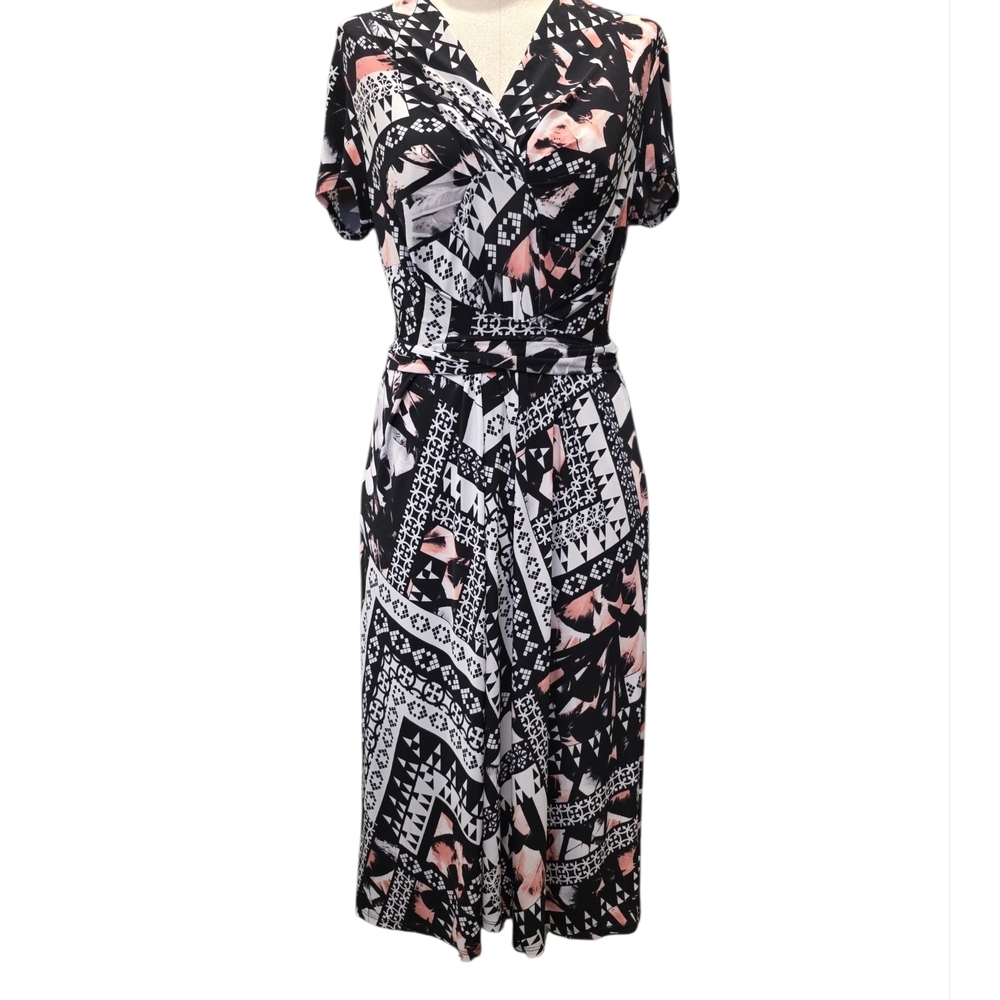 Perceptions Black, White and Peach Geometric Midi Dress